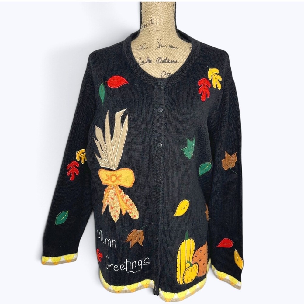 Vintage Quacker Factory Autumn Greetings Cardigan Sweater Fall Leaves Pumpkin 1X